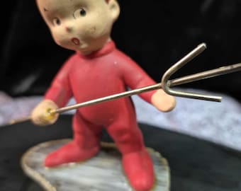 RARE Devil Pixie Elf Miniature 1950s Vintage Cutie With Pitchfork On Stand - Japan