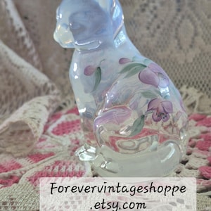 Fenton Opalescent Glass Cat &#39;Mother of Pearl&#39; White Iridescent Kitten Vintage Figurine painted by FARLEY signature on side of tail.