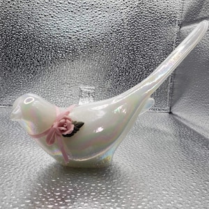Vintage Rare Fenton Bird of Happiness Mother of Pearl White Glass w Iridescent Shine, Pink Ribbon & Porcelain Flower - Original Sticker!