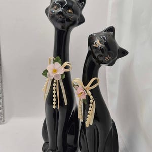 Vintage BLACK CATS Pottery 2 Kitschy Långhalsad MCM Katt & Kattunge Figur Par