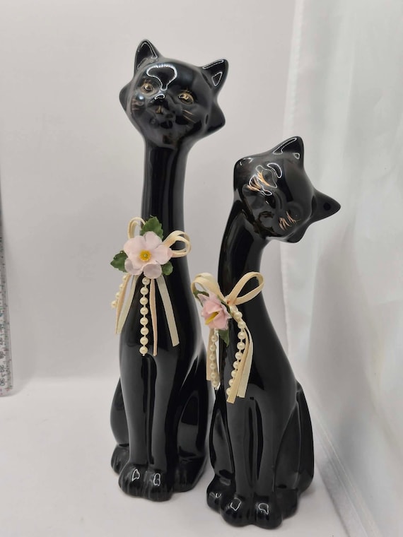 ヴィンテージ BLACK CATS 陶器 キッチュなロングネック MCM 猫と子猫の