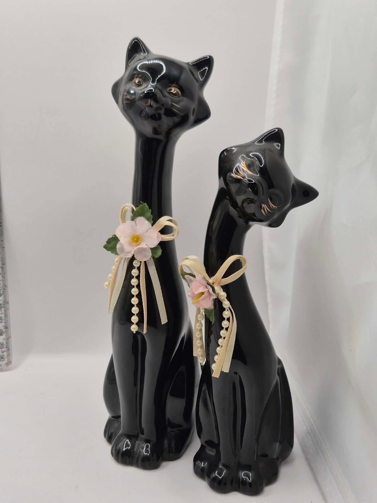 ヴィンテージ BLACK CATS 陶器 キッチュなロングネック MCM 猫と子猫の