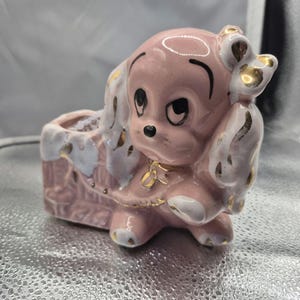Pleaseeee... Porcelain  adorable begging Pink Puppy dog Planter Collectible McM piece Kitschy Pink Gold