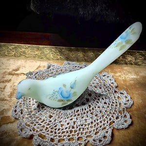 Fenton Bird Of Happiness in Blue Satin Custard Glass with Hand-Painted Blue Roses SIGNED Linda Everson 1970s Vintage