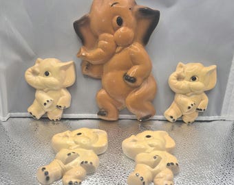 Retro Vintage Chalkware Happy  5 dancing Elephant Family 4 babies and Mom! 1950s wall plaques