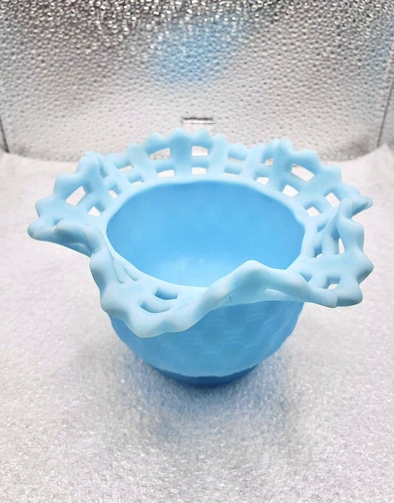 Vintage FENTON Blue Satin Custard Glass Weave Basket Bowl W/ Lace 