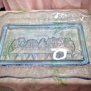Vintage Last Supper Bread Plate Collectible  Indiana Glass Blue Glass Tiara Exclusives Tray 11x7”
