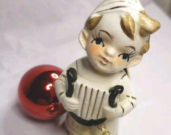 Vintage Porcelain Pixie Playing Harp Japan Cute Little Christmas Elf 1930's