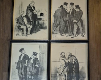 Decoração de Arte Vintage para Escritório de Advocacia - 4 Gravuras Emolduradas com Cenas de Tribunal - Les Gens de Justice - Edição Limitada e Numerada