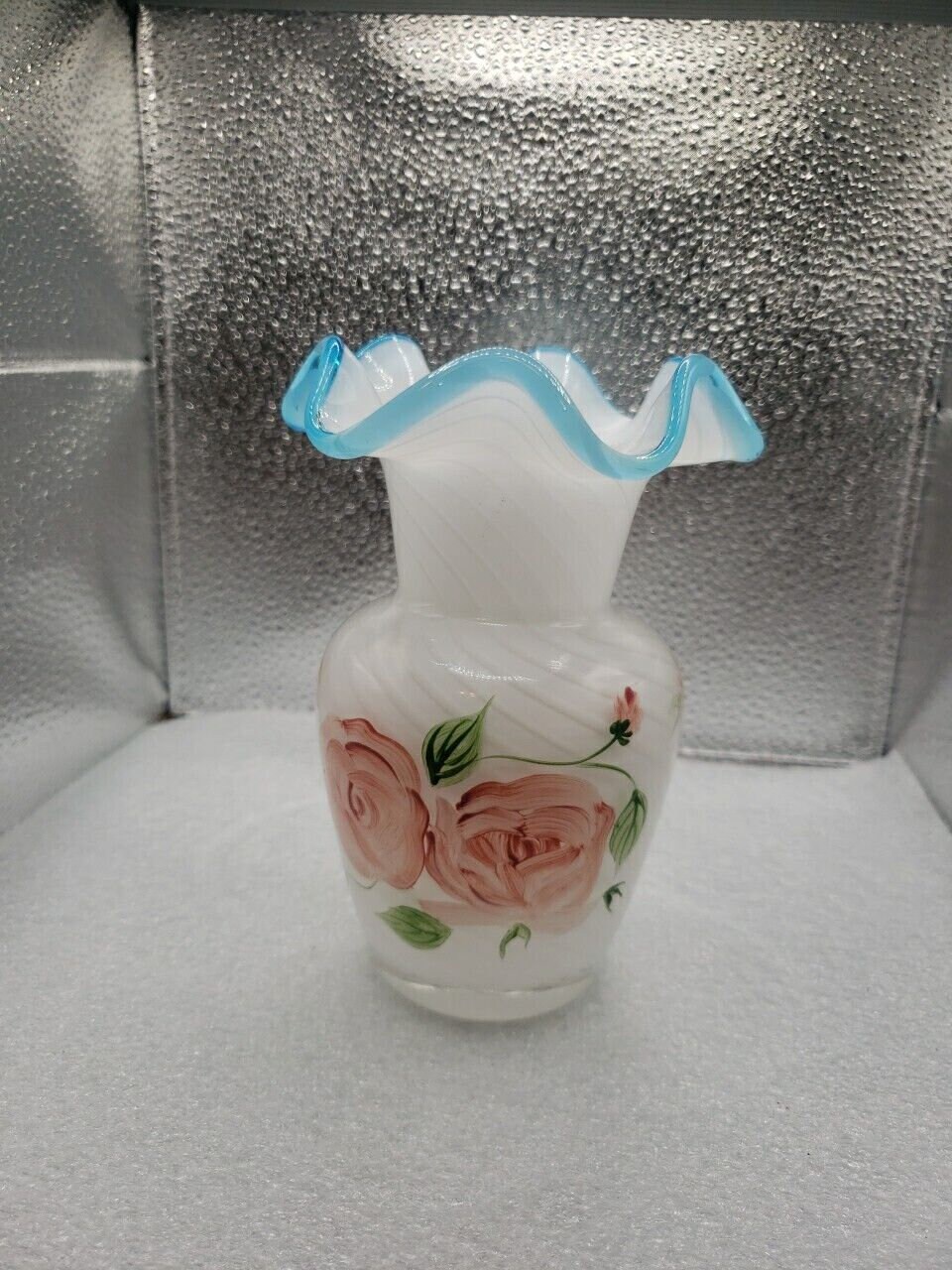 Hand-painted Fenton Style Vintage Glass Vase With Blue Crest