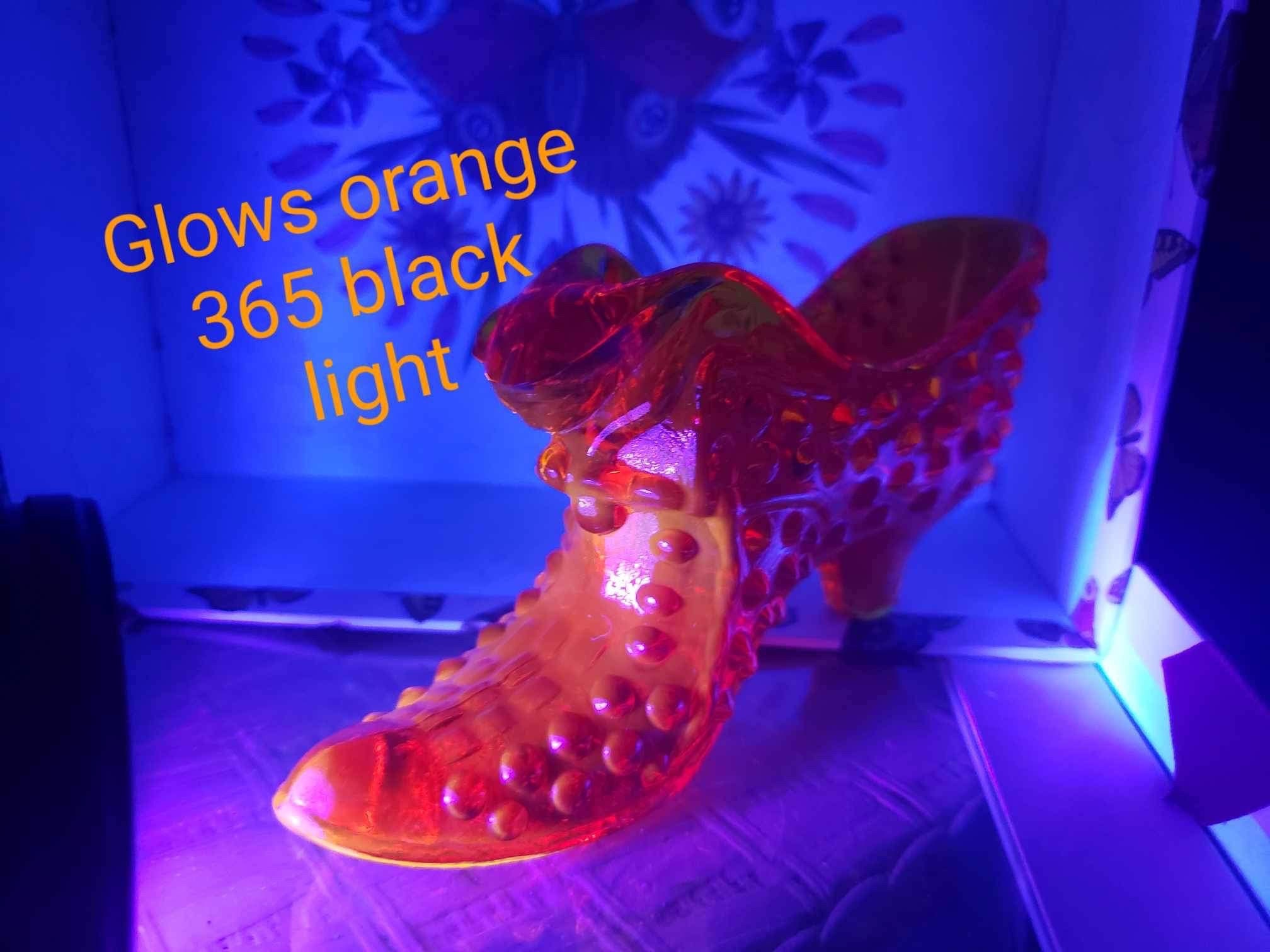 Fenton Amberina Glass Shoe - Glowing Cat Head Slipper, Hobnail 