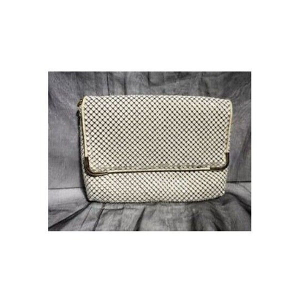 Vintage White Night Club Retro Clutch - Ivory Purse Drooping Mesh Sequins Gold Trim