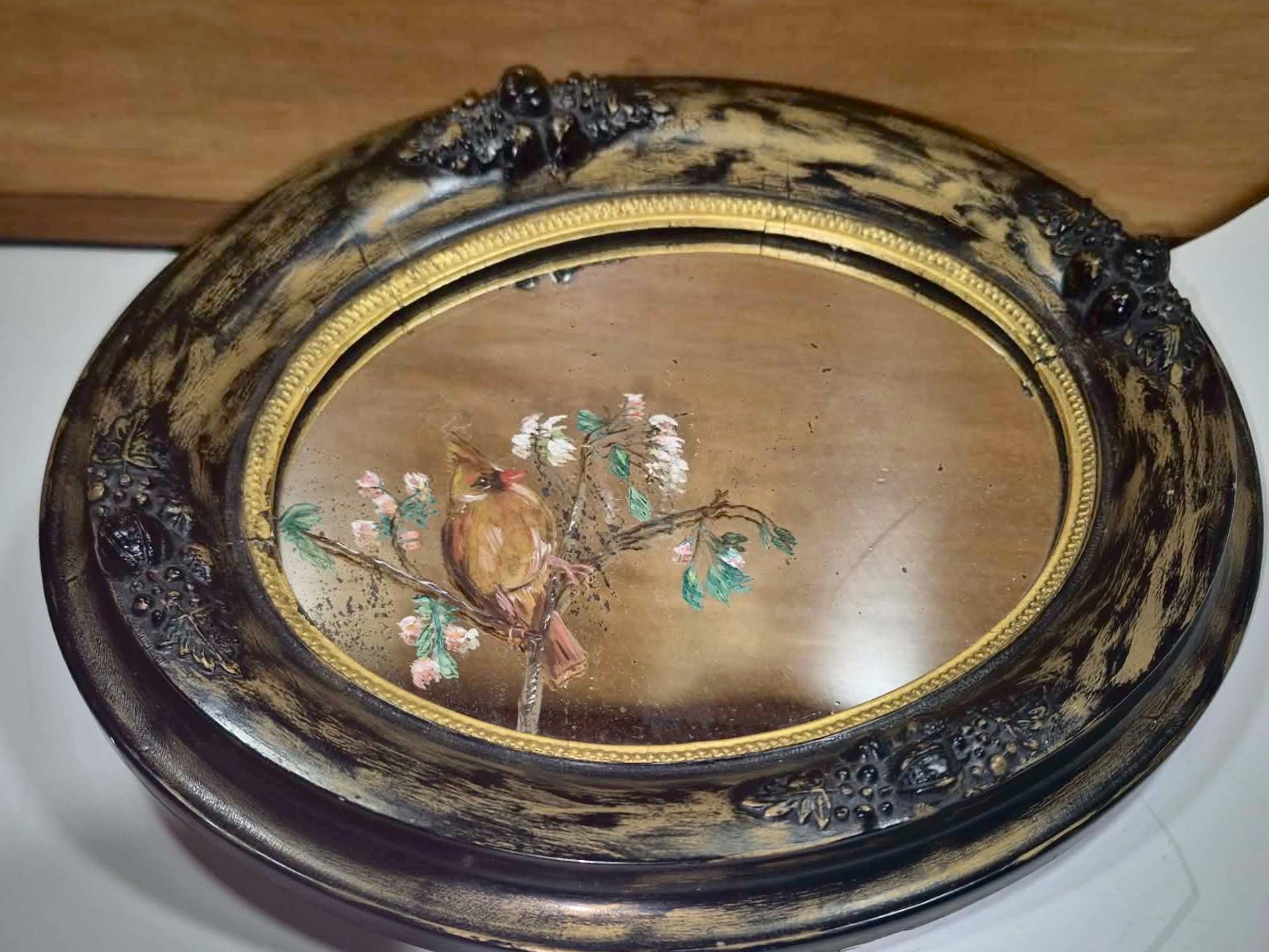 Antique Oval Wall Mirror, Ornate Frame With Hand-painted Cardinal Bird ...