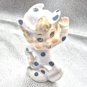 Vintage Pixie wearing Cute Polka-dot Outfit! Japan Elf Gnome, Waving Hello - Ceramic