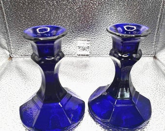 Pair of Vintage Cobalt Blue Glass Candlestick Holders 4" - Elegant MCM Decor