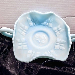 8.5” Fenton Blue Satin Custard Ruffled Edge Butterfly Candy BonBon Dish w Handle