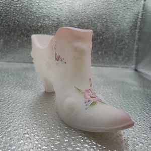 Dainty and Sweetness&quot; Fenton White Satin Glass Hand Painted Floral Victorian Shoe Artist Signed D. Cutshaw