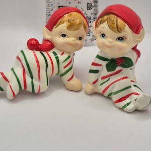 Cute Miniature Christmas Pixie Set 2 Mini Elf Pair in Candy Cane Striped Suit Josef Original