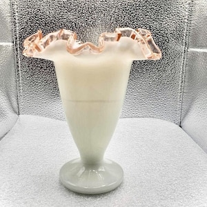 Fenton Vase in Rose Crest - Milk Glass White with Light Pink Double Crimped Ruffle Edge 7” Vintage #f161