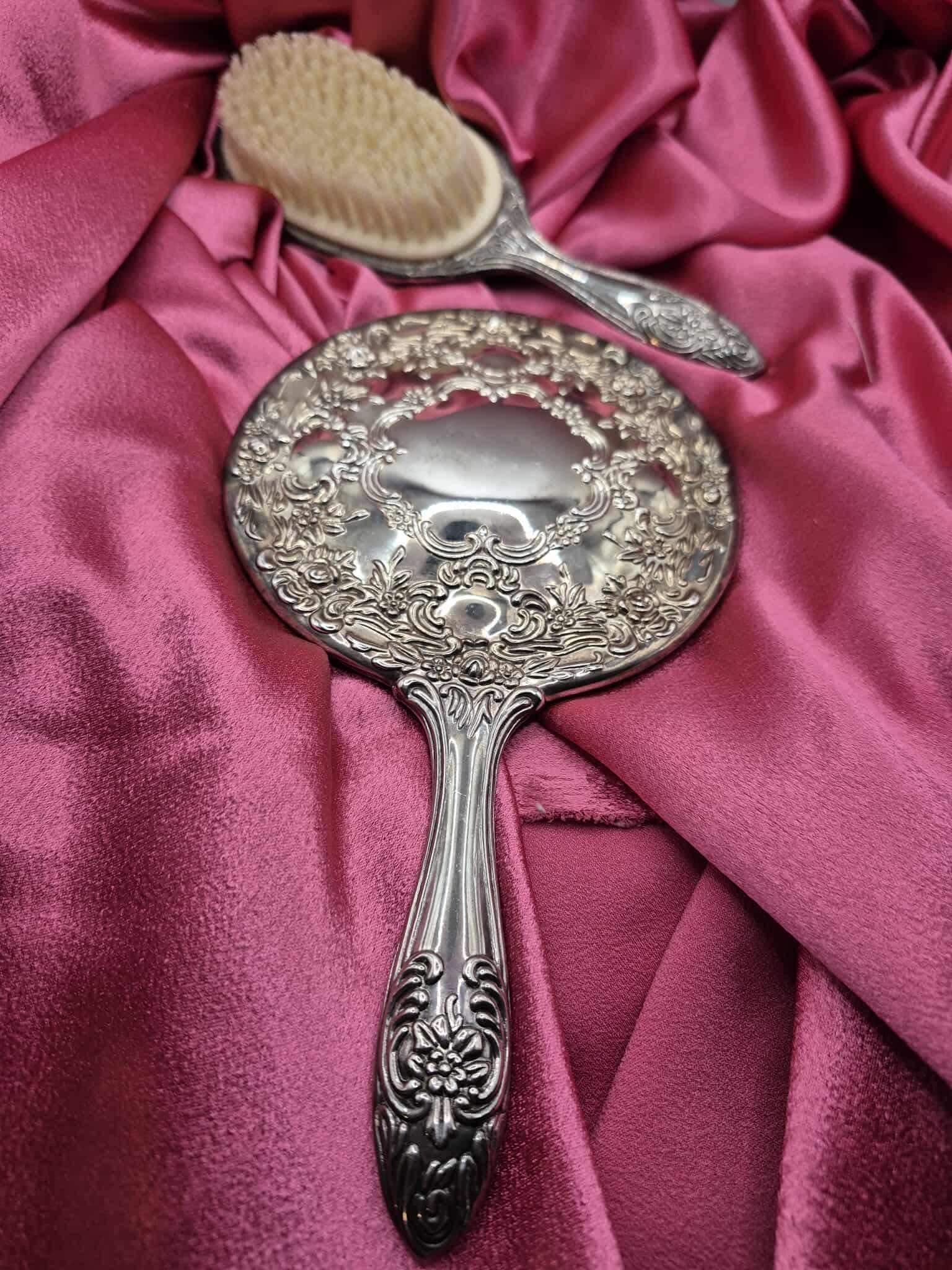 Antique Silver Plated Mirror & Brush Vanity Set Early 1900s  display picture 2