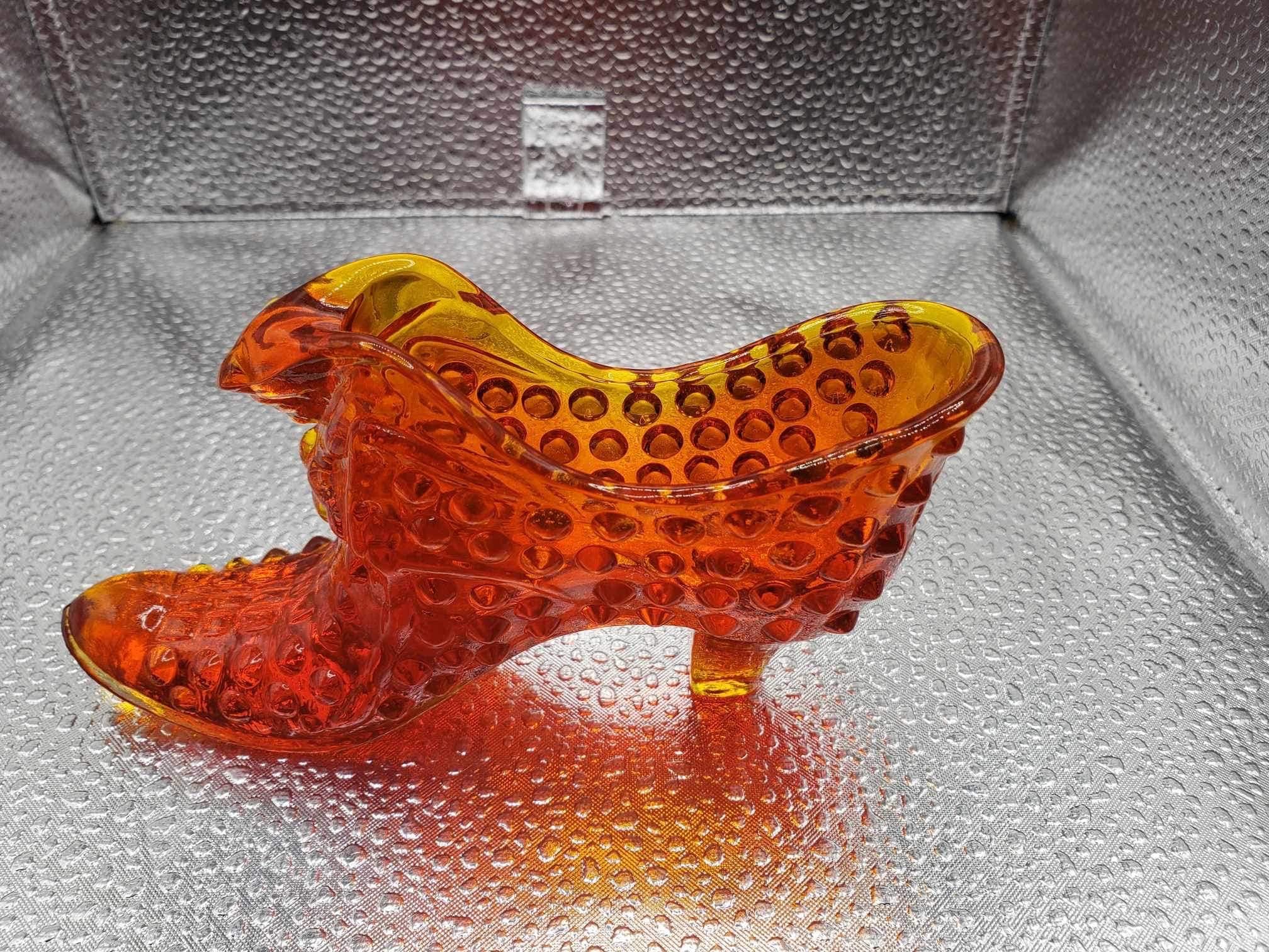 Fenton Amberina Glass Shoe - Glowing Cat Head Slipper, Hobnail 
