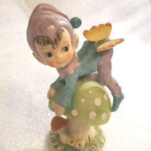 Vintage Pixie or Sprite on Green Polkadot Mushroom with Butterfly on Butt CUTE Elf in Blue & Purple Suit