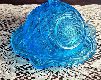 Vintage EAPG ‘Aztec’ Aqua Blue Glass Butter Dish with Cover by Kemple - Sawtooth Edge & Starburst Pinwheel Design