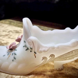 Very Unique Vintage Fenton-Large Shoe in Satin White Glass with Porcelain Roses with frocked Swans hand painted by W. Vanzille