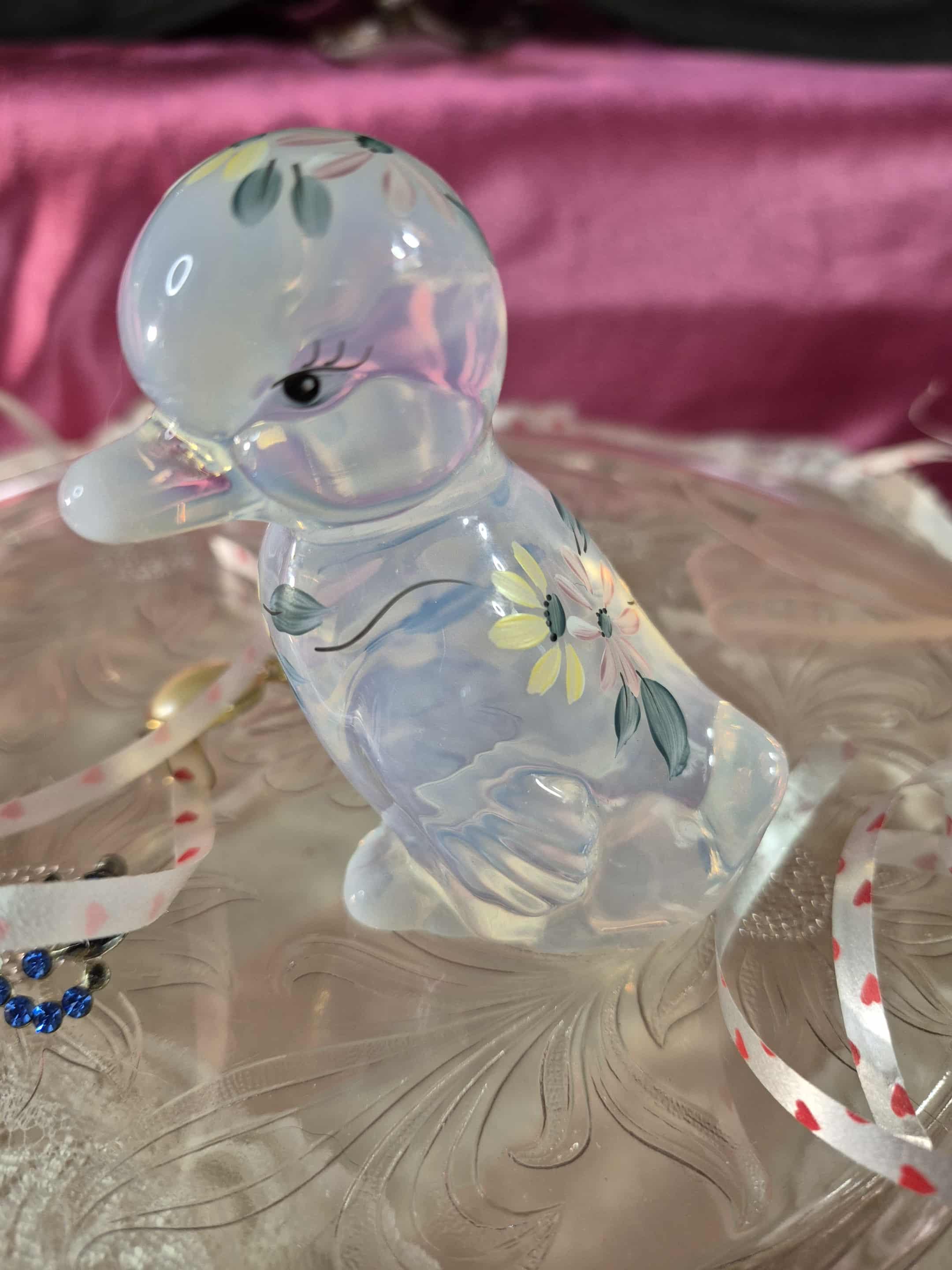 Rare Fenton Duck in Vintage Opalescent Glass Hand-painted Yellow