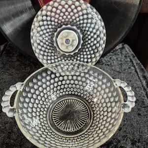 Moonstone Hobnail Opalescent Glass Bowl with Lid  - 1940s Vintage Collectible by Anchor Hocking