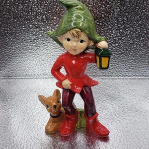 Vintage Cute HOMCO Pixie Elf Figurine Retro Red Suit with Baby Deer Holding Lantern