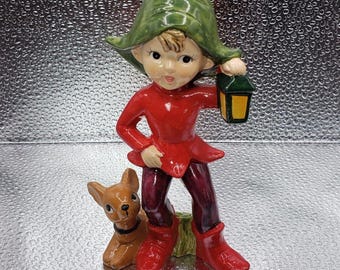 Vintage Cute HOMCO Pixie Elf Figurine Retro Red Suit with Baby Deer Holding Lantern