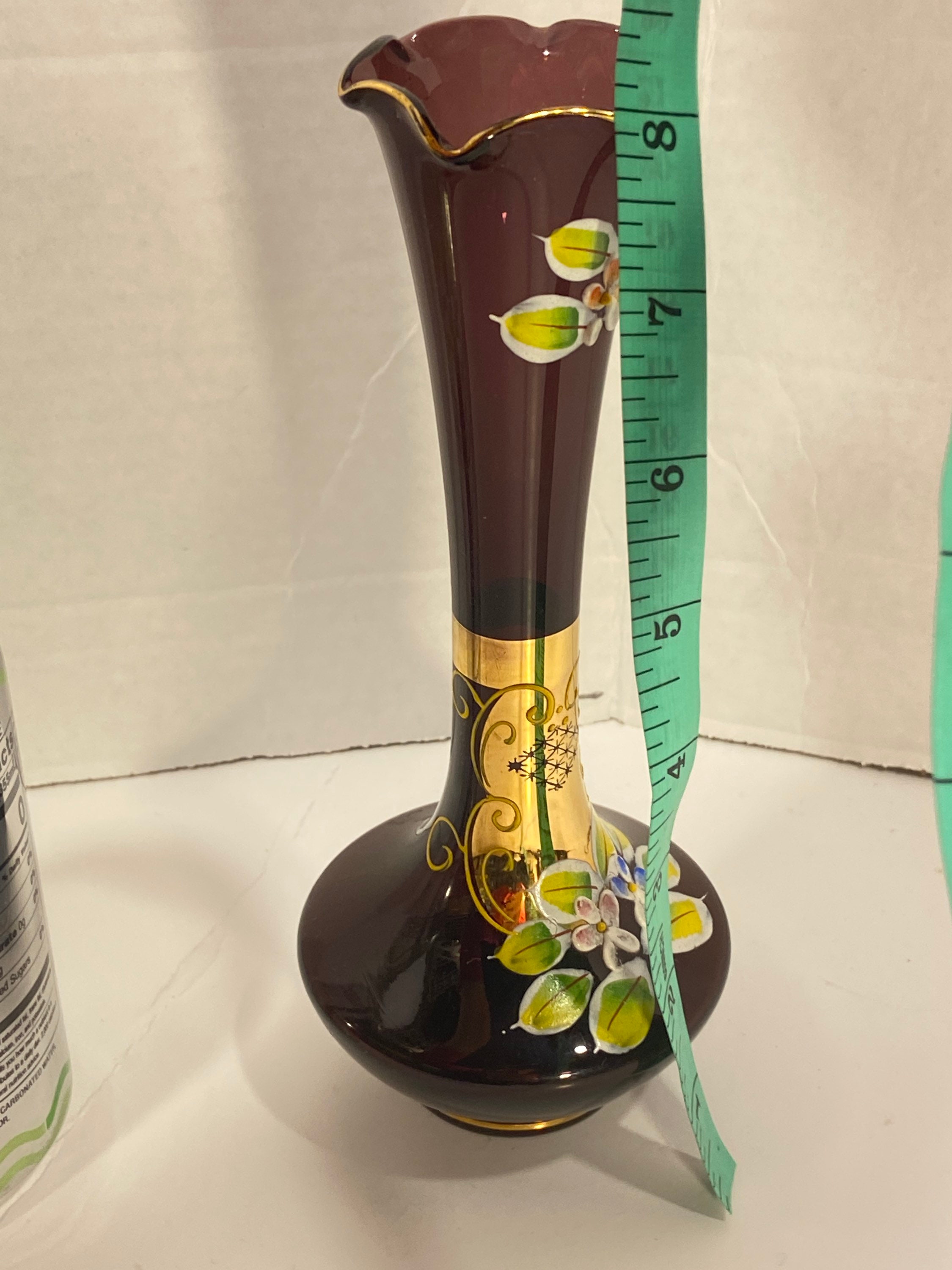 Vintage AMETHYST Purple Glass Vase Handblown w Oriental Floral Etsy