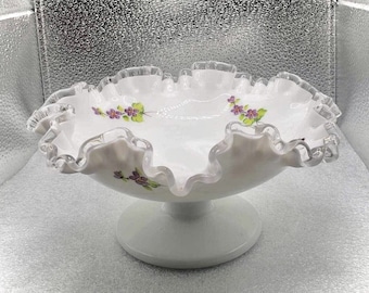 FENTON Glass Footed Bowl Hand-Painted Violets In the Snow with Silver Crest Double Crimped Ruffled Edge SIGNED M Trembly VTG 1970s