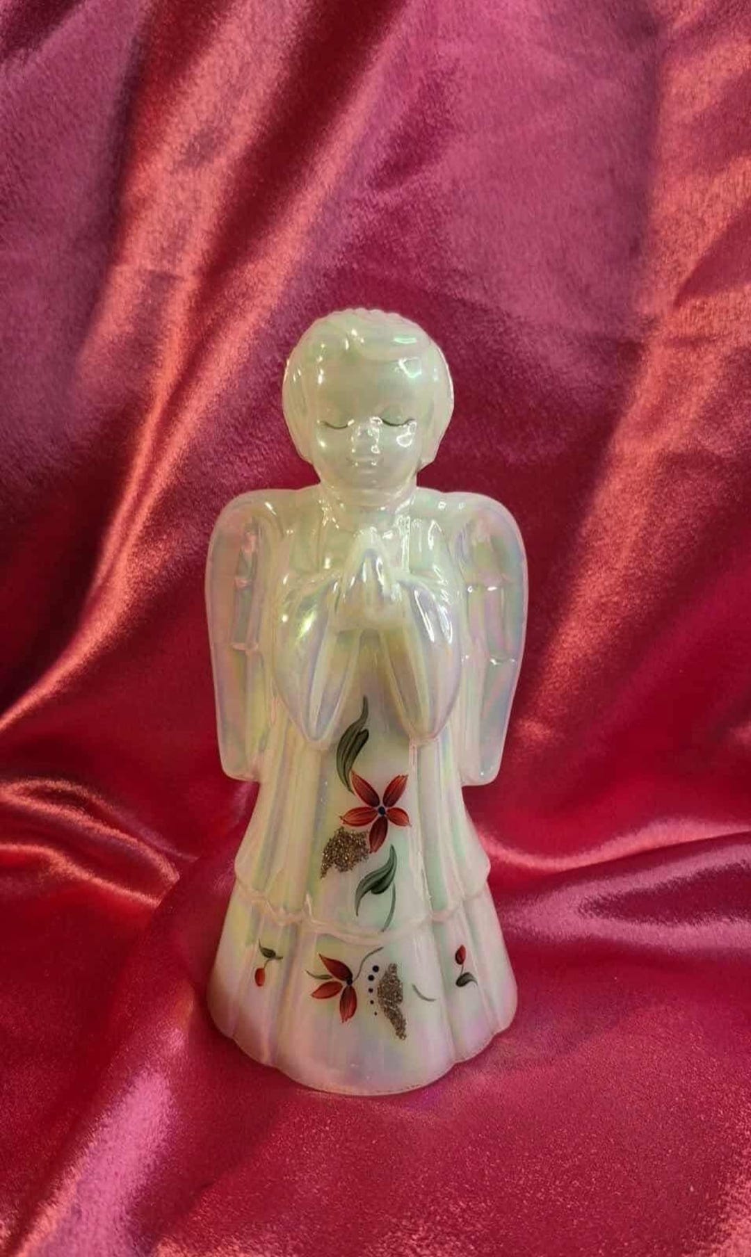 フェントン 天使 エンジェル ピンク フィギュア ビンテージ クリスマス ★ Vintage Fenton Angel White Opalescent Art Glass Figurine Hand