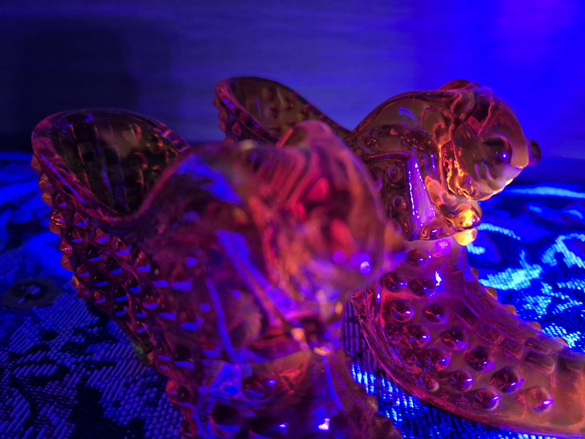 Fenton Amberina Glass Shoe - Glowing Cat Head Slipper, Hobnail 