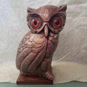 Rare Vintage Golden Ceramic OWL with Orange Glass Eyes! 8x4