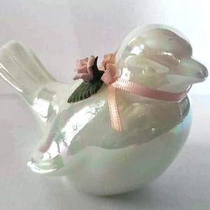 Vintage Rare Fenton Glass Bird Pearl White  Opalescent w Irridescent Shine, Pink Ribbon & Porcelain Flower - Original Sticker!