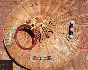 Hand crafted Beaded & Decorated 10" Lidded Basket Antique and Decorative Sewing or Storage