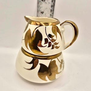 Vintage Retro Stacking Sugar & Creamer Set Gold Leaf Decor Sandland Ware England - MCM Tea Service