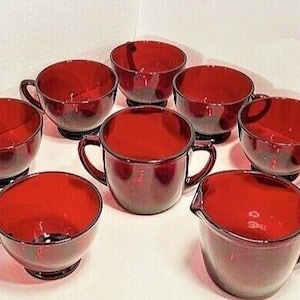 French Arcoroc Exotic Deep Ruby Red Depression -  8 Coffee orTea Cup Set including Creamer & Sugar