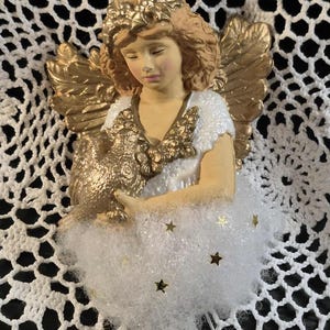 Schutzengel mit Goldtauben Vintage Weihnachtsdekoration, Ornament oder Baumspitze