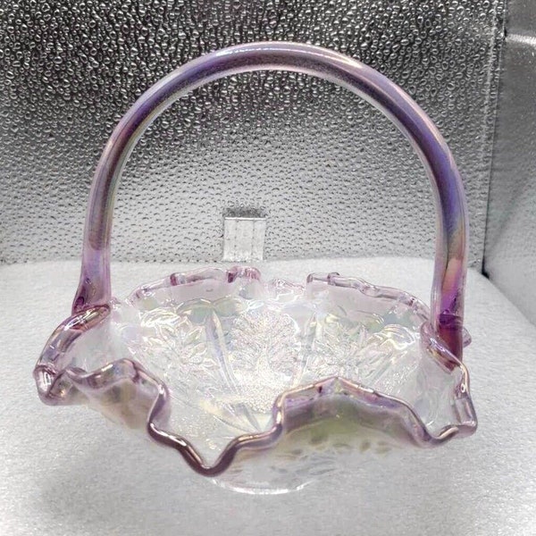RARE Fenton Basket in Opalescent Glass with Iridescent Peacock and Dahlia Purple Handle & Crest VINTAGE