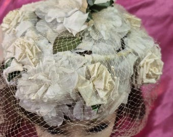 Vintage Hats - White Floral Pillbox Hat with Veil Netting