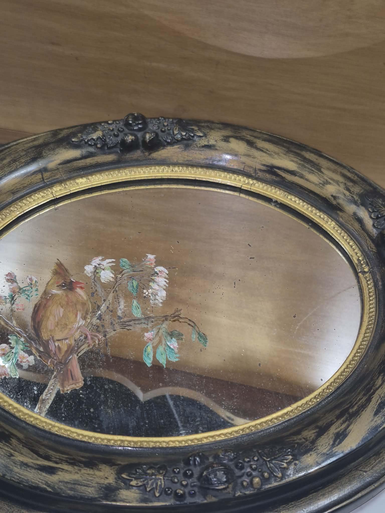 Antique Oval Wall Mirror, Ornate Frame With Hand-painted Cardinal Bird ...