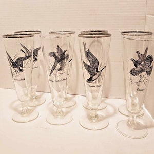 Game Bird Glasses - 8 Flutes or Beer Glasses - Gift for Dad or Hunter w/ Ducks Goose Grouse & Pheasant for Vintage Man Cave or Cabin Decor