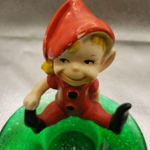Mischievous Pixie Holding Foot Large FEET! Rare Vintage Figurine Elf in Red Suit