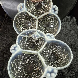 Vintage & Collectible GORGEOUS 1940s Moonstone opalescent hobnail glass dish - 7&quot; 3 Section Garnish or Candy Tray by Anchor Hocking