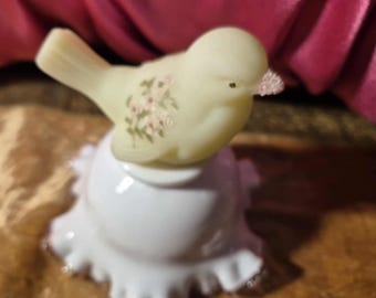 Vintage Fenton Uranium Glass Daisies on Custard Small Bird Hand-painted by L Long Rare Satin Glass that Glows!