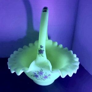 Fenton Basket Hand painted Pink Blossom Frit on Custard signed Stephens VINTAGE - GLOWS